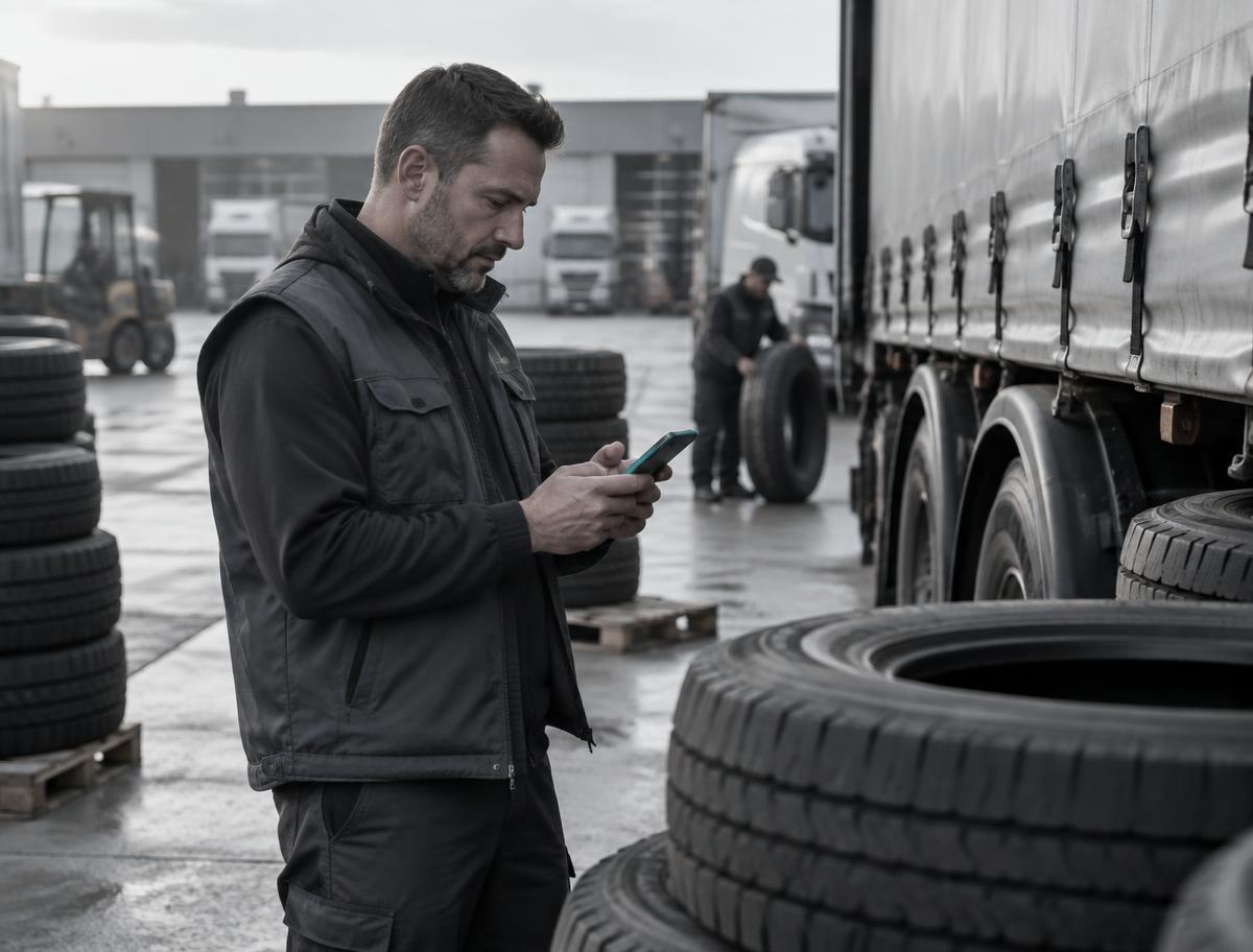Atendente de truck center registrando coleta de pneu pelo celular no pátio